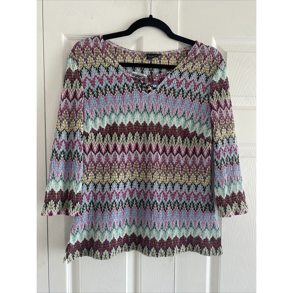 Tribal‎ Crochet Knit Lace Up V-Neck Top Womens Size L Multicolor Zig Zag Boho